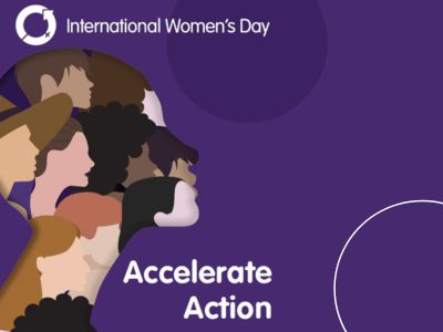 A silhouette of a women's face with lot's of different women's face inside the silhouette face shape, on a purple background.