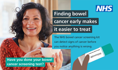 photo of a lady holding a cup of tea alongside an image of a bowel cancer screening test kit